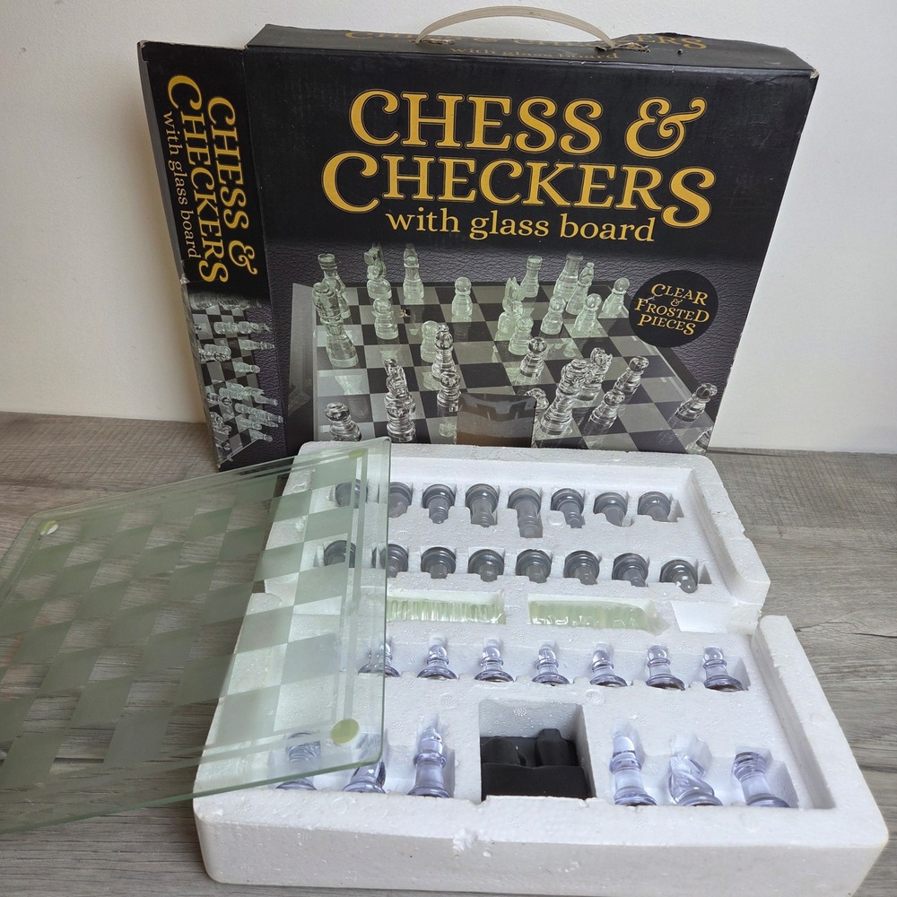 Glass Chess & Checkers Set Cardinal Glass Board Complete Open Box
